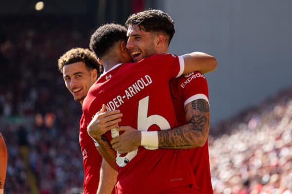 LIVERPOOL, ENGLAND - Saturday, September 2, 2023: Liverpool's Dominik Szoboszlai celebrates after scoring the first goal during the FA Premier League match between Liverpool FC and Aston Villa FC at Anfield. (Pic by David Rawcliffe/Propaganda)