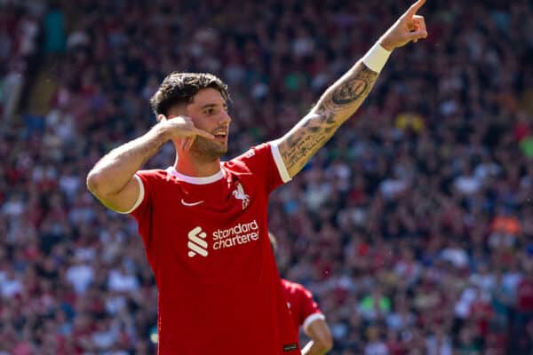 LIVERPOOL, ENGLAND - Saturday, September 2, 2023: Liverpool's Dominik Szoboszlai celebrates after scoring the first goal during the FA Premier League match between Liverpool FC and Aston Villa FC at Anfield. (Pic by David Rawcliffe/Propaganda)