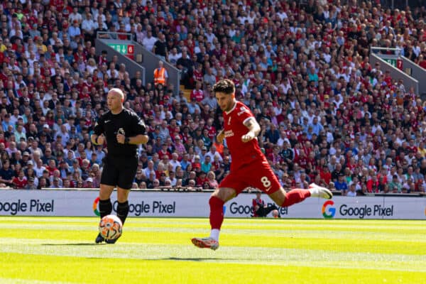 LIVERPOOL, ENGLAND - Saturday, September 2, 2023: Liverpool's Dominik Szoboszlai scores the first goal during the FA Premier League match between Liverpool FC and Aston Villa FC at Anfield. (Pic by David Rawcliffe/Propaganda)