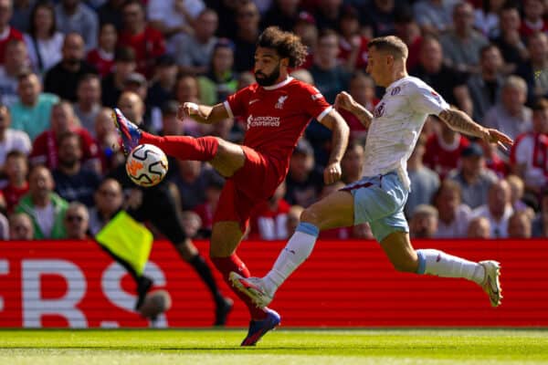 LIVERPOOL, ENGLAND - Saturday, September 2, 2023: Liverpool's Mohamed Salah assists the second goal during the FA Premier League match between Liverpool FC and Aston Villa FC at Anfield. (Pic by David Rawcliffe/Propaganda)