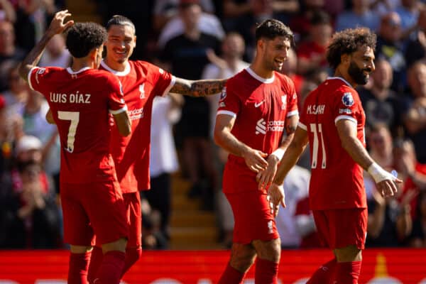 LIVERPOOL, ENGLAND - Saturday, September 2, 2023: Liverpool's Darwin Núñez celebrates after scoring the second goal during the FA Premier League match between Liverpool FC and Aston Villa FC at Anfield. (Pic by David Rawcliffe/Propaganda)