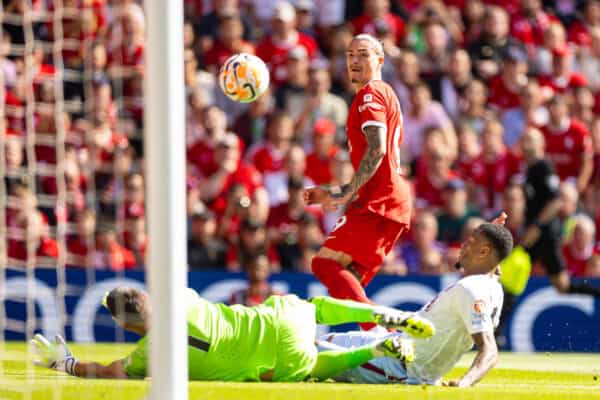 LIVERPOOL, ENGLAND - Saturday, September 2, 2023: Liverpool's Darwin Núñez sees his shot hit the crossbar during the FA Premier League match between Liverpool FC and Aston Villa FC at Anfield. (Pic by David Rawcliffe/Propaganda)