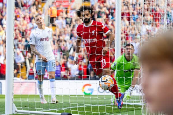 LIVERPOOL, ENGLAND - Saturday, September 2, 2023: Liverpool's Mohamed Salah scores the third goal during the FA Premier League match between Liverpool FC and Aston Villa FC at Anfield. (Pic by David Rawcliffe/Propaganda)