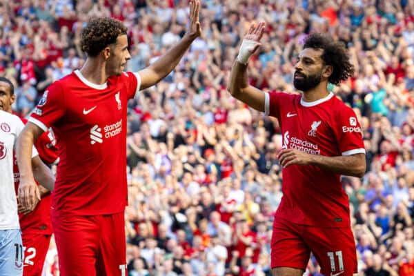 LIVERPOOL, ENGLAND - Saturday, September 2, 2023: Liverpool's Mohamed Salah (R) celebrates after scoring the third goal during the FA Premier League match between Liverpool FC and Aston Villa FC at Anfield. (Pic by David Rawcliffe/Propaganda)