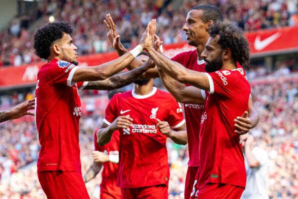 LIVERPOOL, ENGLAND - Saturday, September 2, 2023: Liverpool's Mohamed Salah (R) celebrates after scoring the third goal during the FA Premier League match between Liverpool FC and Aston Villa FC at Anfield. (Pic by David Rawcliffe/Propaganda)