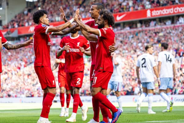 LIVERPOOL, ENGLAND - Saturday, September 2, 2023: Liverpool's Mohamed Salah (R) celebrates after scoring the third goal during the FA Premier League match between Liverpool FC and Aston Villa FC at Anfield. (Pic by David Rawcliffe/Propaganda)