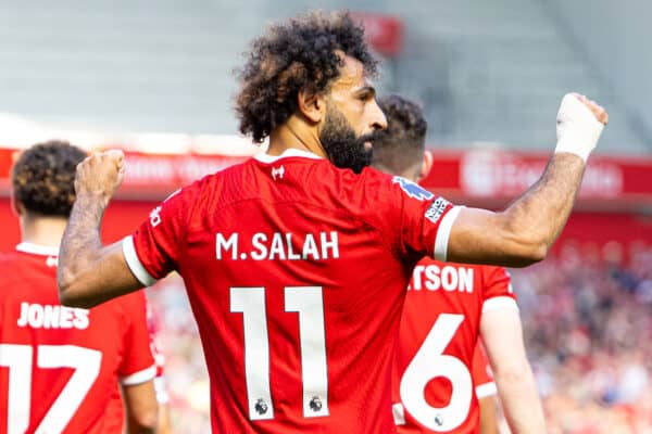 LIVERPOOL, ENGLAND - Saturday, September 2, 2023: Liverpool's Mohamed Salah (#11) celebrates after scoring the third goal during the FA Premier League match between Liverpool FC and Aston Villa FC at Anfield. (Pic by David Rawcliffe/Propaganda)