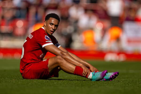 LIVERPOOL, ENGLAND - Saturday, September 2, 2023: Liverpool's Trent Alexander-Arnold goes down injured during the FA Premier League match between Liverpool FC and Aston Villa FC at Anfield. (Pic by David Rawcliffe/Propaganda)