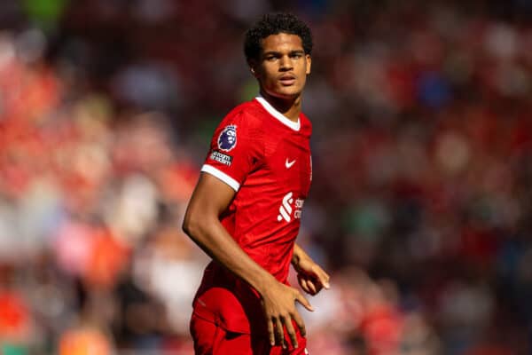 LIVERPOOL, ENGLAND - Saturday, September 2, 2023: Liverpool's Jarell Quansah during the FA Premier League match between Liverpool FC and Aston Villa FC at Anfield. (Pic by David Rawcliffe/Propaganda)