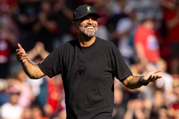 LIVERPOOL, ENGLAND - Saturday, September 2, 2023: Liverpool's manager Jürgen Klopp waves to the supporters after the FA Premier League match between Liverpool FC and Aston Villa FC at Anfield. Liverpool won 3-0. (Pic by David Rawcliffe/Propaganda)