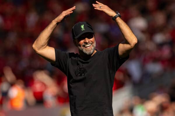 LIVERPOOL, ENGLAND - Saturday, September 2, 2023: Liverpool's manager Jürgen Klopp waves to the supporters after the FA Premier League match between Liverpool FC and Aston Villa FC at Anfield. Liverpool won 3-0. (Pic by David Rawcliffe/Propaganda)