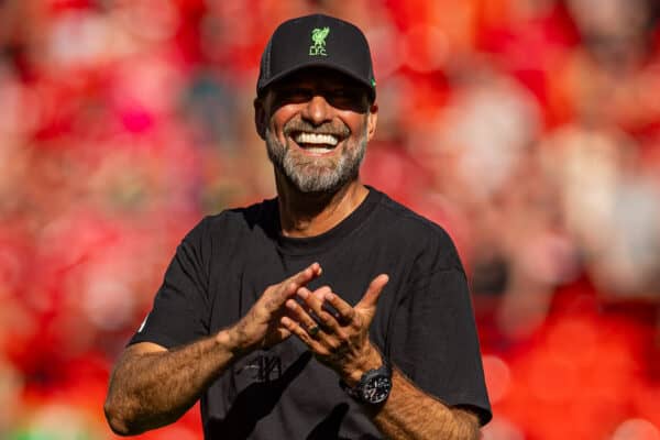 LIVERPOOL, ENGLAND - Saturday, September 2, 2023: Liverpool's manager Jürgen Klopp waves to the supporters after the FA Premier League match between Liverpool FC and Aston Villa FC at Anfield. Liverpool won 3-0. (Pic by David Rawcliffe/Propaganda)