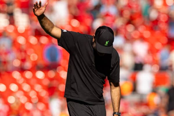 LIVERPOOL, ENGLAND - Saturday, September 2, 2023: Liverpool's manager Jürgen Klopp bows to the supporters after the FA Premier League match between Liverpool FC and Aston Villa FC at Anfield. Liverpool won 3-0. (Pic by David Rawcliffe/Propaganda)