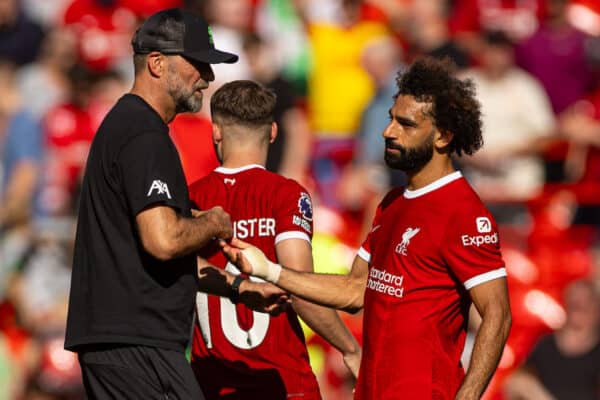 LIVERPOOL, ENGLAND - Saturday, September 2, 2023: Liverpool's manager Jürgen Klopp embraces Mohamed Salah after the FA Premier League match between Liverpool FC and Aston Villa FC at Anfield. Liverpool won 3-0. (Pic by David Rawcliffe/Propaganda)