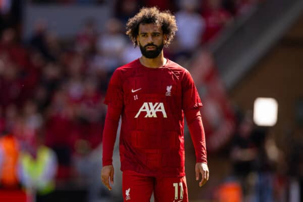 LIVERPOOL, ENGLAND - Saturday, September 2, 2023: Liverpool's Mohamed Salah during the pre-match warm-up before the FA Premier League match between Liverpool FC and Aston Villa FC at Anfield. (Pic by David Rawcliffe/Propaganda)