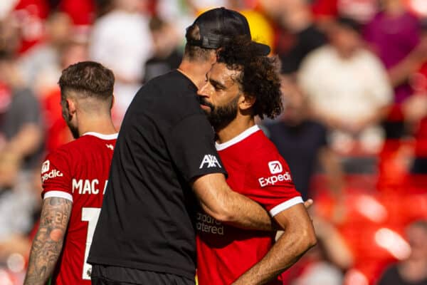 LIVERPOOL, ENGLAND - Saturday, September 2, 2023: Liverpool's manager Jürgen Klopp embraces Mohamed Salah after the FA Premier League match between Liverpool FC and Aston Villa FC at Anfield. Liverpool won 3-0. (Pic by David Rawcliffe/Propaganda)