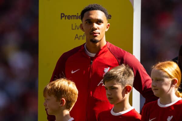 LIVERPOOL, ENGLAND - Saturday, September 2, 2023: Liverpool's captain Trent Alexander-Arnold lines-up before the FA Premier League match between Liverpool FC and Aston Villa FC at Anfield. (Pic by David Rawcliffe/Propaganda)