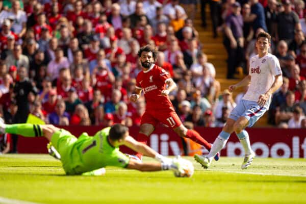 LIVERPOOL, ENGLAND - Saturday, September 2, 2023: Liverpool's Mohamed Salah sees his shot saved by Aston Villa's goalkeeper Emiliano Martínez during the FA Premier League match between Liverpool FC and Aston Villa FC at Anfield. (Pic by David Rawcliffe/Propaganda)