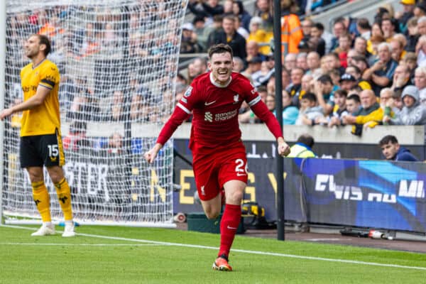 WOLVERHAMPTON, ENGLAND - Saturday, September 16, 2023: Liverpool's Andy Robertson celebrates after scoring the second goal during the FA Premier League match between Wolverhampton Wanderers FC and Liverpool FC at Molineux Stadium. (Pic by David Rawcliffe/Propaganda)