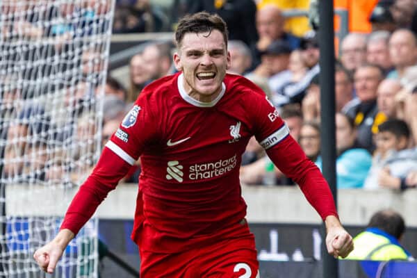 WOLVERHAMPTON, ENGLAND - Saturday, September 16, 2023: Liverpool's Andy Robertson celebrates after scoring the second goal during the FA Premier League match between Wolverhampton Wanderers FC and Liverpool FC at Molineux Stadium. (Pic by David Rawcliffe/Propaganda)