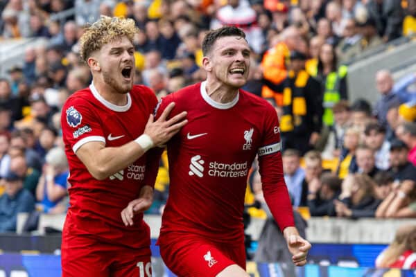 WOLVERHAMPTON, ENGLAND - Saturday, September 16, 2023: Liverpool's Andy Robertson (R) celebrates with team-mate Harvey Elliott after scoring the second goal during the FA Premier League match between Wolverhampton Wanderers FC and Liverpool FC at Molineux Stadium. (Pic by David Rawcliffe/Propaganda)