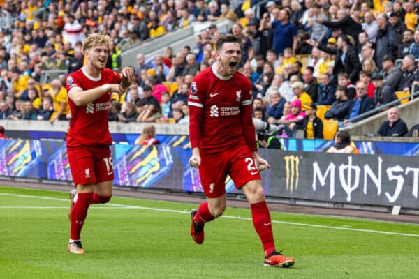 WOLVERHAMPTON, ENGLAND - Saturday, September 16, 2023: Liverpool's Andy Robertson celebrates after scoring the second goal during the FA Premier League match between Wolverhampton Wanderers FC and Liverpool FC at Molineux Stadium. (Pic by David Rawcliffe/Propaganda)