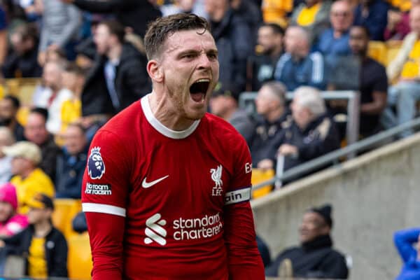 WOLVERHAMPTON, ENGLAND - Saturday, September 16, 2023: Liverpool's Andy Robertson celebrates after scoring the second goal during the FA Premier League match between Wolverhampton Wanderers FC and Liverpool FC at Molineux Stadium. (Pic by David Rawcliffe/Propaganda)