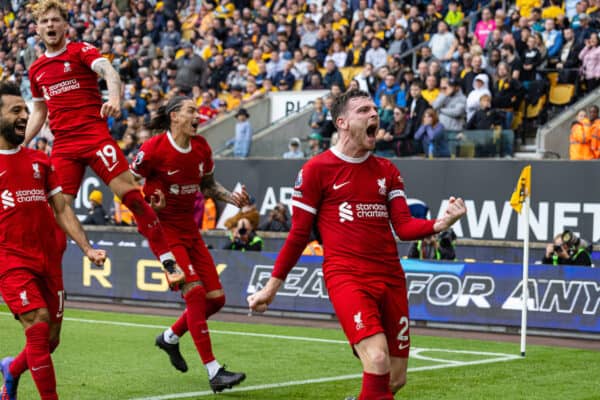 WOLVERHAMPTON, ENGLAND - Saturday, September 16, 2023: Liverpool's Andy Robertson celebrates after scoring the second goal during the FA Premier League match between Wolverhampton Wanderers FC and Liverpool FC at Molineux Stadium. (Pic by David Rawcliffe/Propaganda)