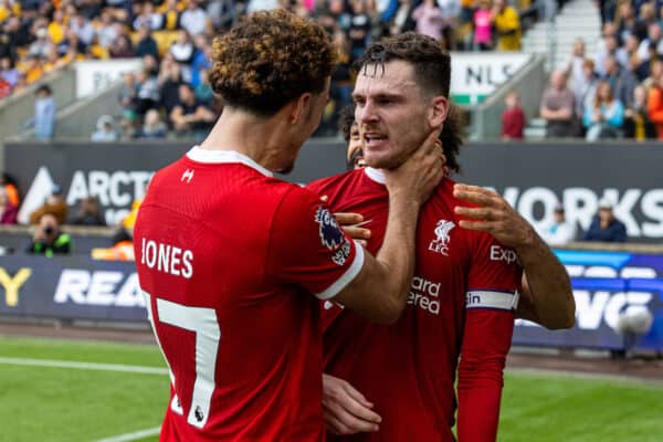 WOLVERHAMPTON, ENGLAND - Saturday, September 16, 2023: Liverpool's Andy Robertson celebrates after scoring the second goal during the FA Premier League match between Wolverhampton Wanderers FC and Liverpool FC at Molineux Stadium. (Pic by David Rawcliffe/Propaganda)
