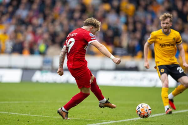 WOLVERHAMPTON, ENGLAND - Saturday, September 16, 2023: Liverpool's Harvey Elliott scores the third goal during the FA Premier League match between Wolverhampton Wanderers FC and Liverpool FC at Molineux Stadium. (Pic by David Rawcliffe/Propaganda)