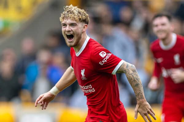 WOLVERHAMPTON, ENGLAND - Saturday, September 16, 2023: Liverpool's Harvey Elliott celebrates after scoring the third goal during the FA Premier League match between Wolverhampton Wanderers FC and Liverpool FC at Molineux Stadium. (Pic by David Rawcliffe/Propaganda)