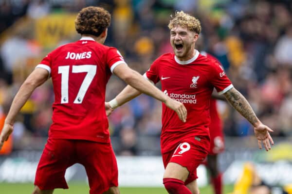 WOLVERHAMPTON, ENGLAND - Saturday, September 16, 2023: Liverpool's Harvey Elliott celebrates after scoring the third goal during the FA Premier League match between Wolverhampton Wanderers FC and Liverpool FC at Molineux Stadium. (Pic by David Rawcliffe/Propaganda)