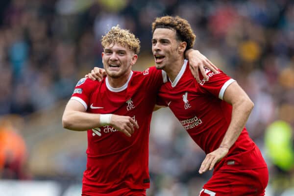 WOLVERHAMPTON, ENGLAND - Saturday, September 16, 2023: Liverpool's Harvey Elliott (L) celebrates with team-mate Curtis Jones after scoring the third goal during the FA Premier League match between Wolverhampton Wanderers FC and Liverpool FC at Molineux Stadium. (Pic by David Rawcliffe/Propaganda)