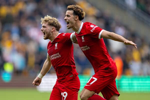 WOLVERHAMPTON, ENGLAND - Saturday, September 16, 2023: Liverpool's Harvey Elliott (L) celebrates with team-mate Curtis Jones after scoring the third goal during the FA Premier League match between Wolverhampton Wanderers FC and Liverpool FC at Molineux Stadium. (Pic by David Rawcliffe/Propaganda)