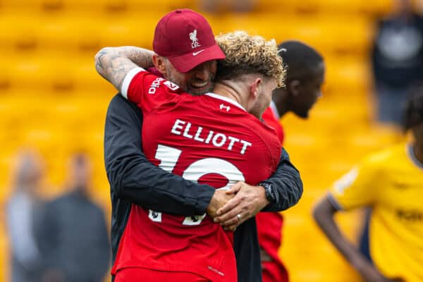 WOLVERHAMPTON, ENGLAND - Saturday, September 16, 2023: Liverpool's goal-scorer Harvey Elliott celebrates with manager Jürgen Klopp after the FA Premier League match between Wolverhampton Wanderers FC and Liverpool FC at Molineux Stadium. Liverpool won 3-1. (Pic by David Rawcliffe/Propaganda)