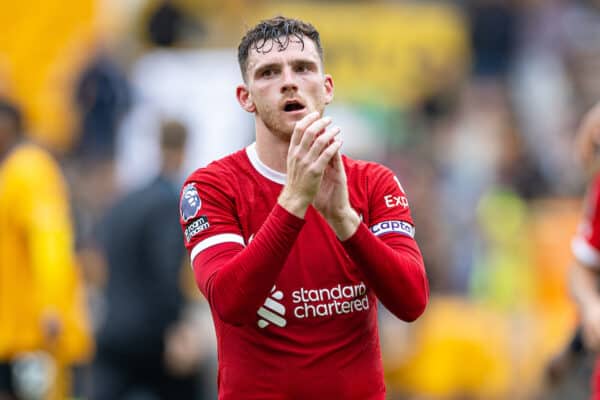 WOLVERHAMPTON, ENGLAND - Saturday, September 16, 2023: Liverpool's goal-scorer Andy Robertson celebrates after the FA Premier League match between Wolverhampton Wanderers FC and Liverpool FC at Molineux Stadium. Liverpool won 3-1. (Pic by David Rawcliffe/Propaganda)