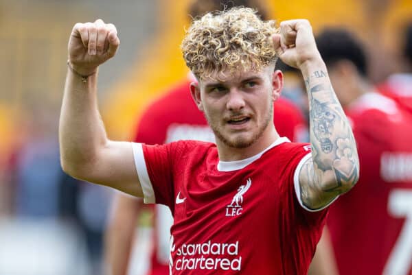 WOLVERHAMPTON, ENGLAND - Saturday, September 16, 2023: Liverpool's goal-scorer Harvey Elliott celebrates after the FA Premier League match between Wolverhampton Wanderers FC and Liverpool FC at Molineux Stadium. Liverpool won 3-1. (Pic by David Rawcliffe/Propaganda)