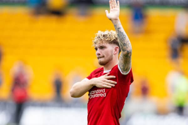 WOLVERHAMPTON, ENGLAND - Saturday, September 16, 2023: Liverpool's goal-scorer Harvey Elliott celebrates after the FA Premier League match between Wolverhampton Wanderers FC and Liverpool FC at Molineux Stadium. Liverpool won 3-1. (Pic by David Rawcliffe/Propaganda)