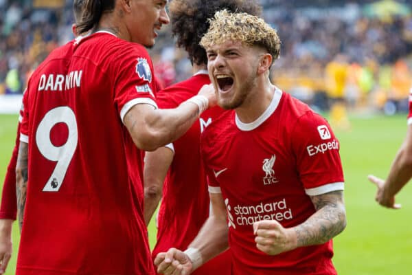 WOLVERHAMPTON, ENGLAND - Saturday, September 16, 2023: Liverpool's Harvey Elliott celebrates after his side's second goal during the FA Premier League match between Wolverhampton Wanderers FC and Liverpool FC at Molineux Stadium. (Pic by David Rawcliffe/Propaganda)