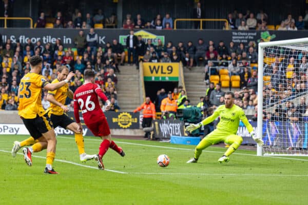 WOLVERHAMPTON, ENGLAND - Saturday, September 16, 2023: Liverpool's Andy Robertson scores the second goal during the FA Premier League match between Wolverhampton Wanderers FC and Liverpool FC at Molineux Stadium. (Pic by David Rawcliffe/Propaganda)