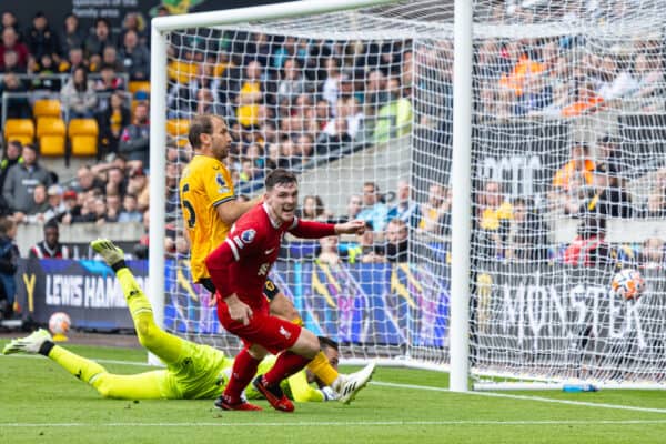 WOLVERHAMPTON, ENGLAND - Saturday, September 16, 2023: Liverpool's Andy Robertson celebrates after scoring the second goal during the FA Premier League match between Wolverhampton Wanderers FC and Liverpool FC at Molineux Stadium. (Pic by David Rawcliffe/Propaganda)