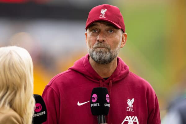 WOLVERHAMPTON, ENGLAND - Saturday, September 16, 2023: Liverpool's manager Jürgen Klopp before the FA Premier League match between Wolverhampton Wanderers FC and Liverpool FC at Molineux Stadium. (Pic by David Rawcliffe/Propaganda)