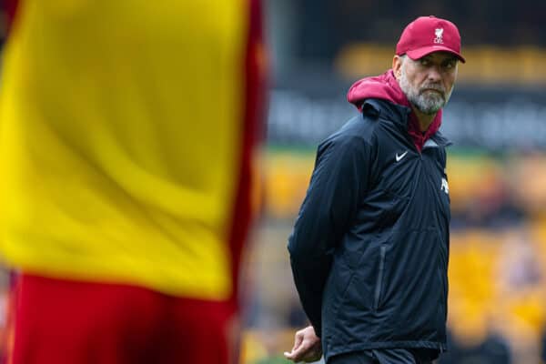 WOLVERHAMPTON, ENGLAND - Saturday, September 16, 2023: Liverpool's manager Jürgen Klopp during the pre-match warm-up before the FA Premier League match between Wolverhampton Wanderers FC and Liverpool FC at Molineux Stadium. (Pic by David Rawcliffe/Propaganda)