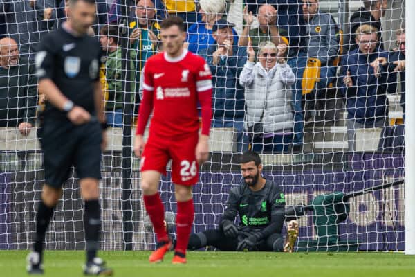 WOLVERHAMPTON, ENGLAND - Saturday, September 16, 2023: Liverpool's goalkeeper Alisson Becker looks dejected as Wolverhampton Wanderers score the opening goal during the FA Premier League match between Wolverhampton Wanderers FC and Liverpool FC at Molineux Stadium. (Pic by David Rawcliffe/Propaganda)