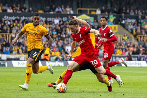 WOLVERHAMPTON, ENGLAND - Saturday, September 16, 2023: Liverpool's Diogo Jota during the FA Premier League match between Wolverhampton Wanderers FC and Liverpool FC at Molineux Stadium. (Pic by David Rawcliffe/Propaganda)