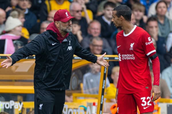 WOLVERHAMPTON, ENGLAND - Saturday, September 16, 2023: Liverpool's manager Jürgen Klopp speaks with Joël Matip during the FA Premier League match between Wolverhampton Wanderers FC and Liverpool FC at Molineux Stadium. (Pic by David Rawcliffe/Propaganda)