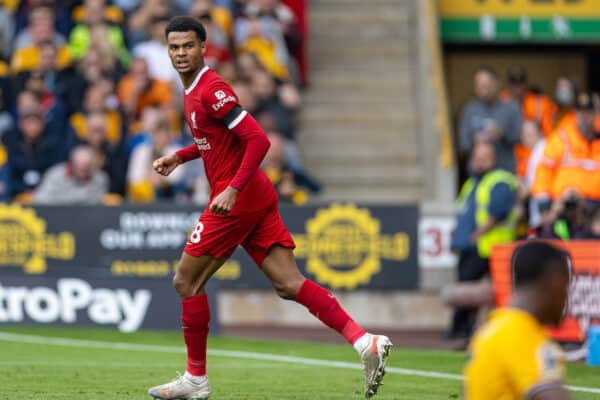 WOLVERHAMPTON, ENGLAND - Saturday, September 16, 2023: Liverpool's Cody Gakpo celebrates after scoring the first equalising goal during the FA Premier League match between Wolverhampton Wanderers FC and Liverpool FC at Molineux Stadium. (Pic by David Rawcliffe/Propaganda)