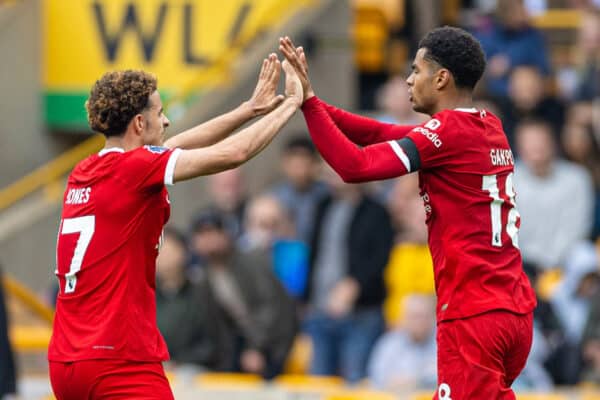 WOLVERHAMPTON, ENGLAND - Saturday, September 16, 2023: Liverpool's Cody Gakpo (R) celebrates with team-mate Curtis Jones after scoring the first equalising goal during the FA Premier League match between Wolverhampton Wanderers FC and Liverpool FC at Molineux Stadium. (Pic by David Rawcliffe/Propaganda)