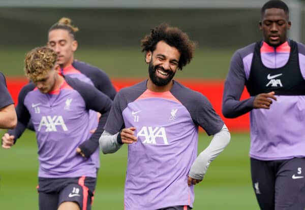LIVERPOOL, ENGLAND - Wednesday, September 20, 2023: Liverpool's Mohamed Salah (C) during a training session at the AXA Training Centre ahead of the UEFA Europa League Group E match between LASK and Liverpool FC. (Pic by Andrew Yeats/Propaganda)