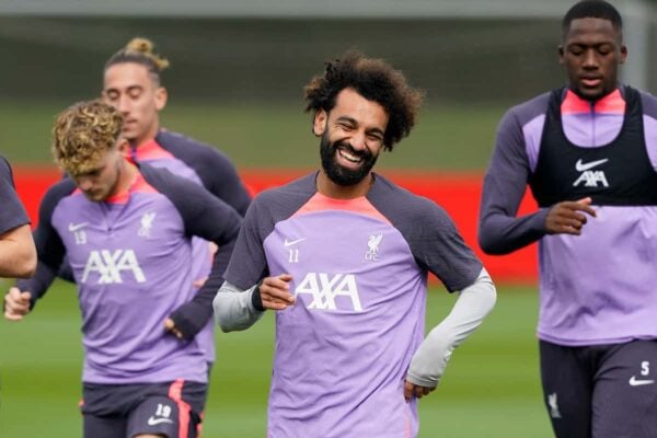 LIVERPOOL, ENGLAND - Wednesday, September 20, 2023: Liverpool's Mohamed Salah (C) during a training session at the AXA Training Centre ahead of the UEFA Europa League Group E match between LASK and Liverpool FC. (Pic by Andrew Yeats/Propaganda)